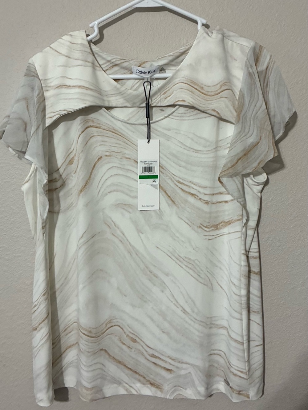 NWT Calvin Klein White Marble-Print Ruffle Sleeve Dress